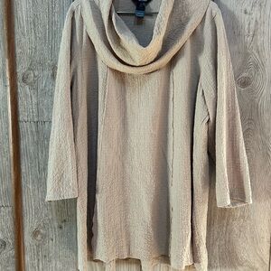 Ali miles 1X tan textured cowlneck artsy wearable art tunic shirt staple capsule
